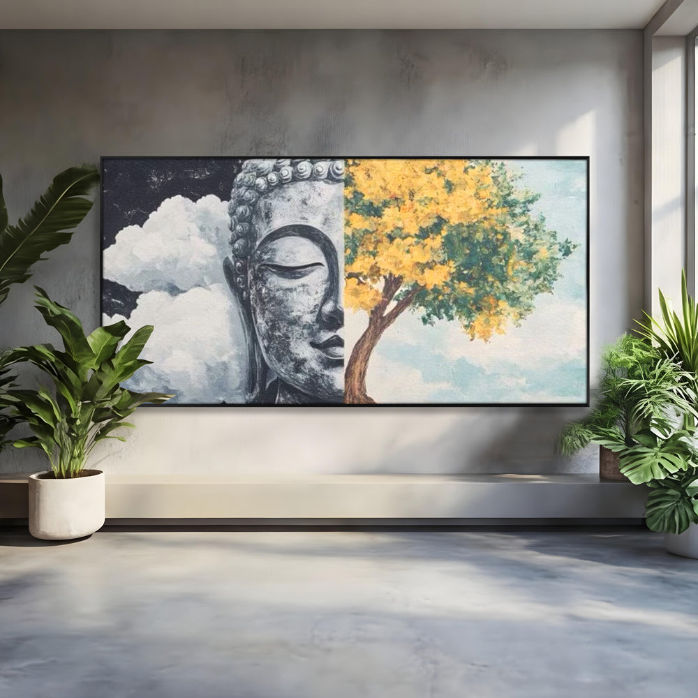 Tablou canvas cu tablou canvas cu buddha si copac, in rama de aluminiu negru